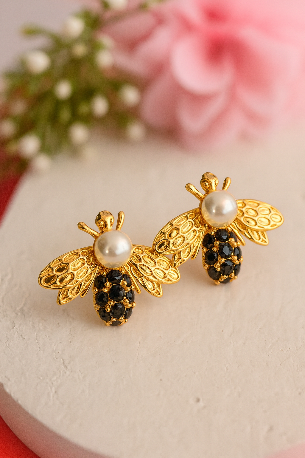 Detailed Bee Studs — Pearl and Black Crystal